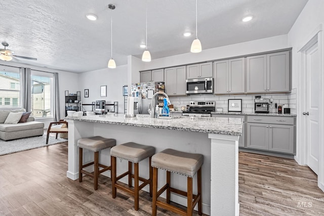 3084 N Network Ln, Boise, ID 83704 - kitchen featuring gray cabinetry, stainless steel appliances, decorative backsplash, wood finished floors, and recessed lighting