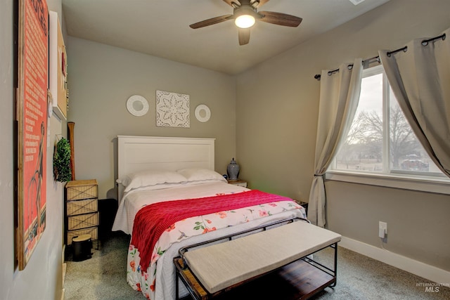 bedroom with multiple windows, carpet floors, and ceiling fan