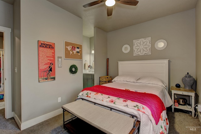 bedroom featuring ceiling fan, connected bathroom, and carpet floors