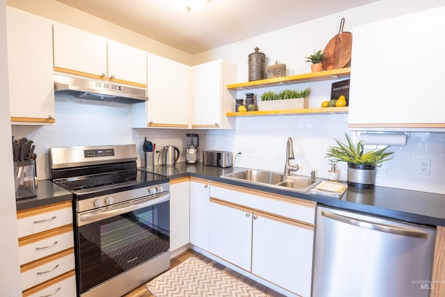 kitchen with dark countertops, under cabinet range hood, a sink, and appliances with stainless steel finishes