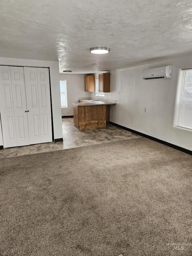 407 E Freeport St, Caldwell, ID 83605 - unfurnished living room with an AC wall unit, carpet floors, and a textured ceiling