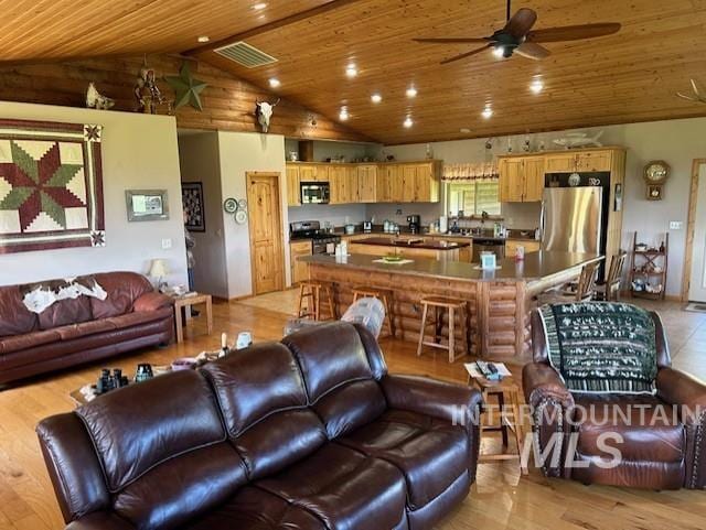 1621 Doumecq Rd, Cottonwood, ID 83522 - living area featuring wooden ceiling, lofted ceiling, ceiling fan, and light wood finished floors