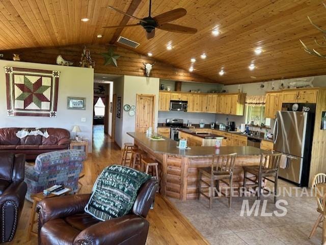 1621 Doumecq Rd, Cottonwood, ID 83522 - kitchen with appliances with stainless steel finishes, wooden ceiling, open floor plan, lofted ceiling, and a ceiling fan