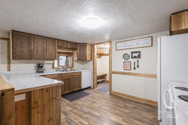 kitchen featuring light wood finished floors, a sink, a textured ceiling, white appliances, and light countertops