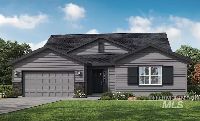 5654 N Chestnut Hill Way, Meridian, ID 83646 - view of front of house featuring concrete driveway, a shingled roof, a front lawn, and a garage