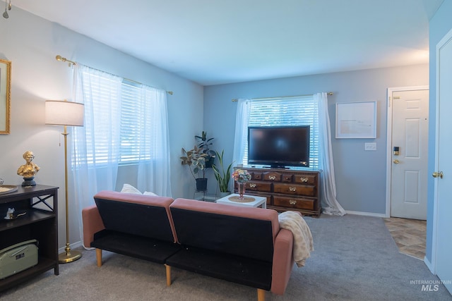 carpeted living room with baseboards and plenty of natural light