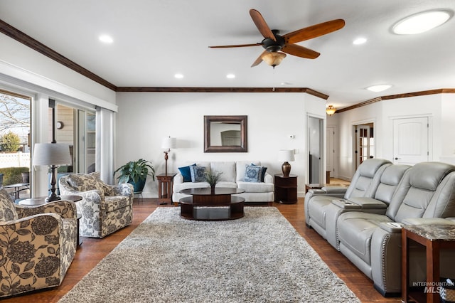 living room with ornamental molding, recessed lighting, baseboards, and dark wood-style floors