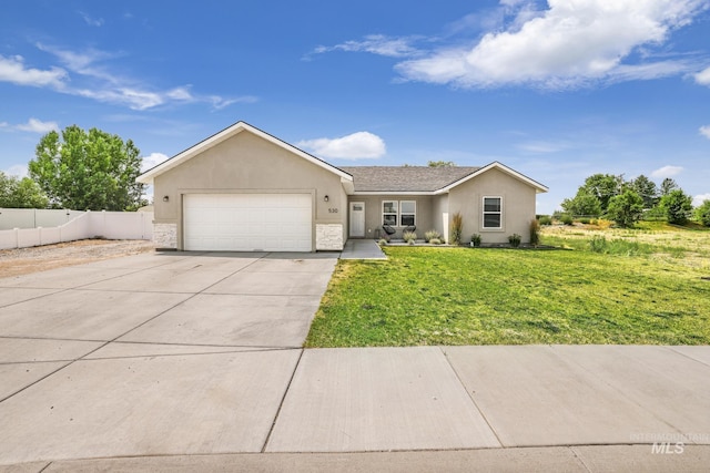 ranch-style home with stucco siding, a garage, concrete driveway, and stone siding