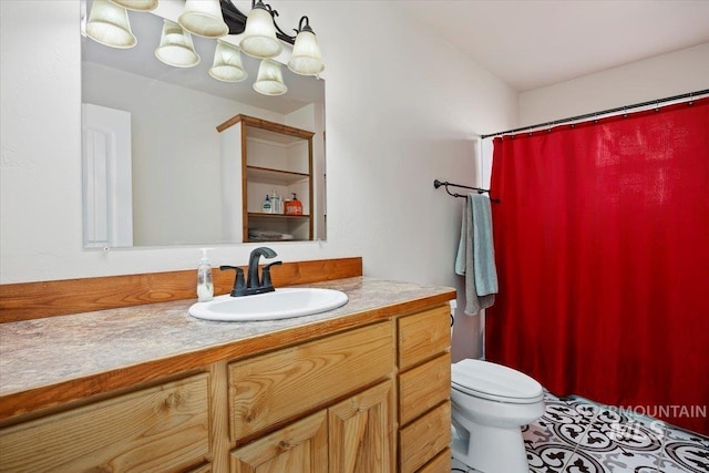 bathroom with toilet, tile patterned flooring, a shower with shower curtain, and vanity