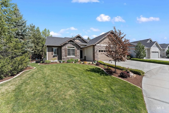 craftsman inspired home with driveway, board and batten siding, stone siding, a garage, and a front lawn