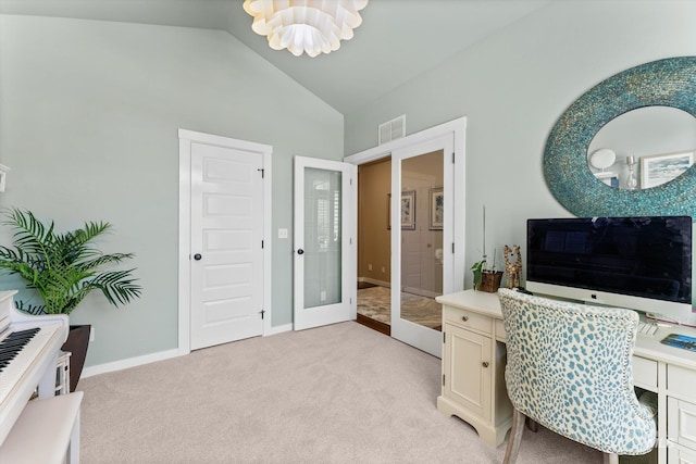office with light carpet, lofted ceiling, a chandelier, baseboards, and french doors