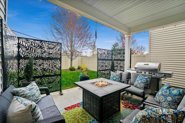4084 E Esperanto St, Meridian, ID 83642 - view of patio / terrace featuring an outdoor living space with a fire pit, area for grilling, and a fenced backyard