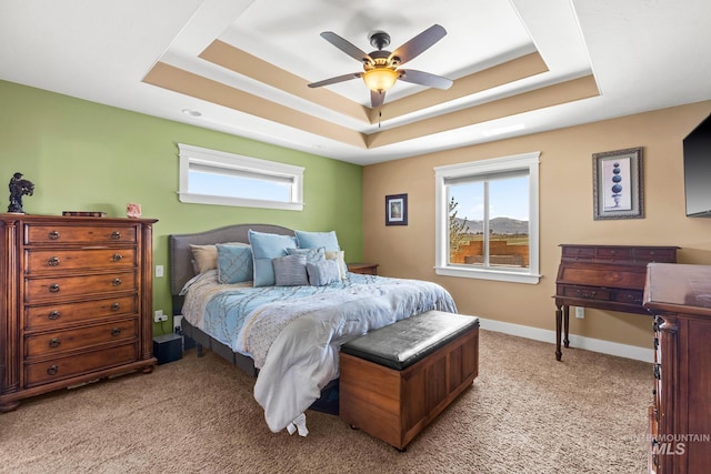 11 W 300 S, Burley, ID 83318 - bedroom featuring baseboards, a ceiling fan, a tray ceiling, and light colored carpet
