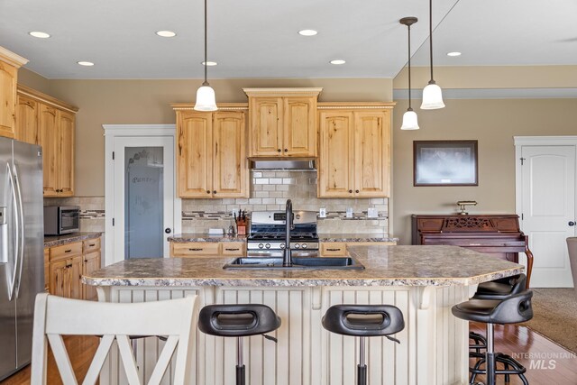 11 W 300 S, Burley, ID 83318 - kitchen featuring under cabinet range hood, stainless steel appliances, backsplash, light brown cabinets, and a sink