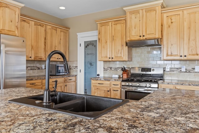 11 W 300 S, Burley, ID 83318 - kitchen with stainless steel appliances, a sink, dark stone counters, light brown cabinets, and under cabinet range hood