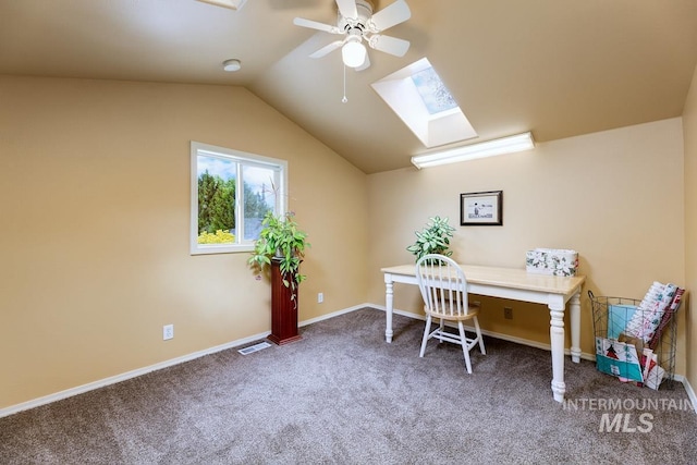 992 N Pinnacle, Eagle, ID 83616 - office area with ceiling fan, carpet flooring, a skylight, vaulted ceiling, and baseboards