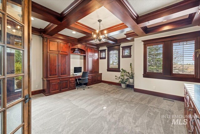 7600 W Ledgerwood Ln, Meridian, ID 83646 - office space with beam ceiling, a chandelier, light carpet, and baseboards