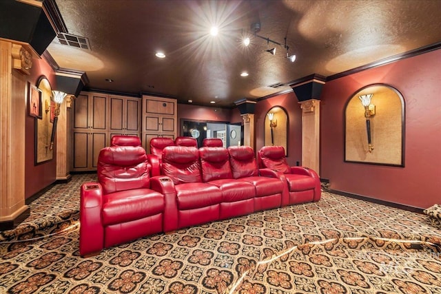 7600 W Ledgerwood Ln, Meridian, ID 83646 - cinema room featuring visible vents, baseboards, carpet, and ornate columns