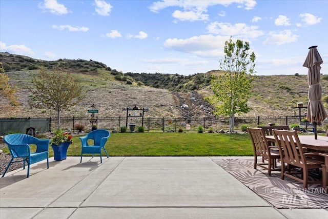 view of patio / terrace with a fenced backyard and a mountain view