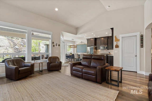 living room with baseboards, high vaulted ceiling, and wood finished floors