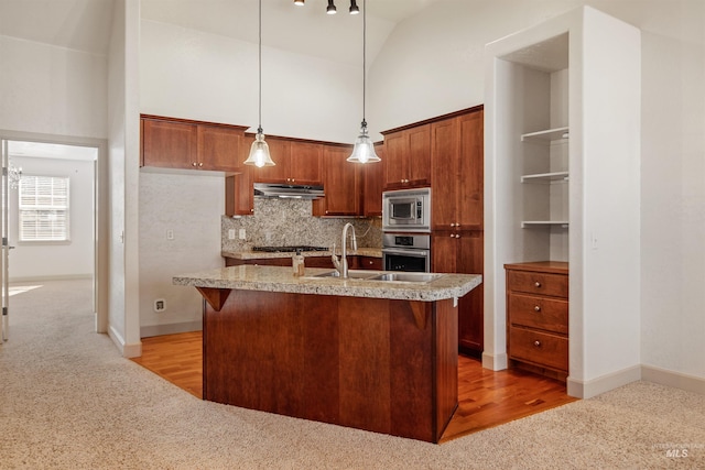 1148 E Winding Creek Dr, Eagle, ID 83616 - kitchen with a sink, stainless steel appliances, under cabinet range hood, light carpet, and a towering ceiling
