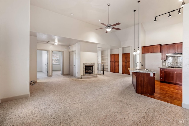 1148 E Winding Creek Dr, Eagle, ID 83616 - unfurnished living room featuring a sink, a fireplace with raised hearth, a ceiling fan, carpet, and baseboards