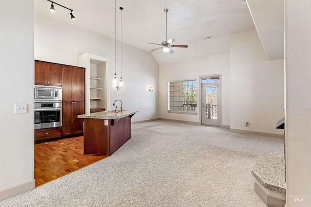 1148 E Winding Creek Dr, Eagle, ID 83616 - kitchen with lofted ceiling, a sink, ceiling fan, stainless steel appliances, and light carpet