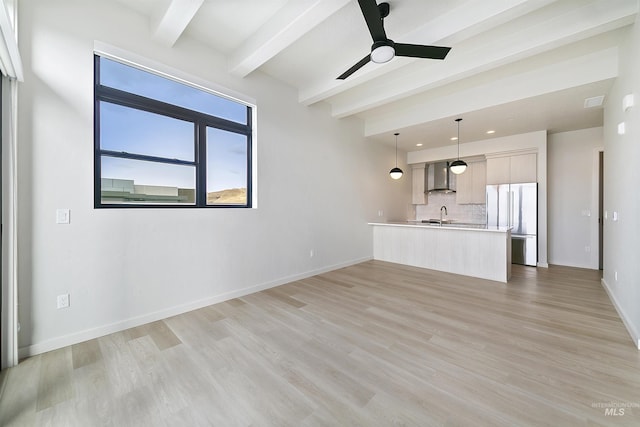 unfurnished living room with a sink, beamed ceiling, baseboards, and ceiling fan