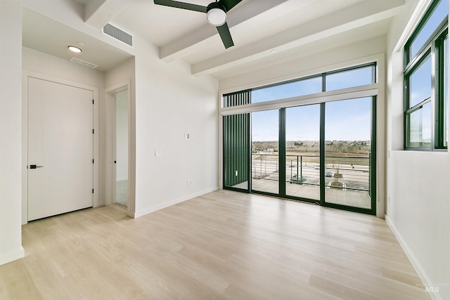 unfurnished room featuring light wood-style flooring, baseboards, visible vents, and ceiling fan