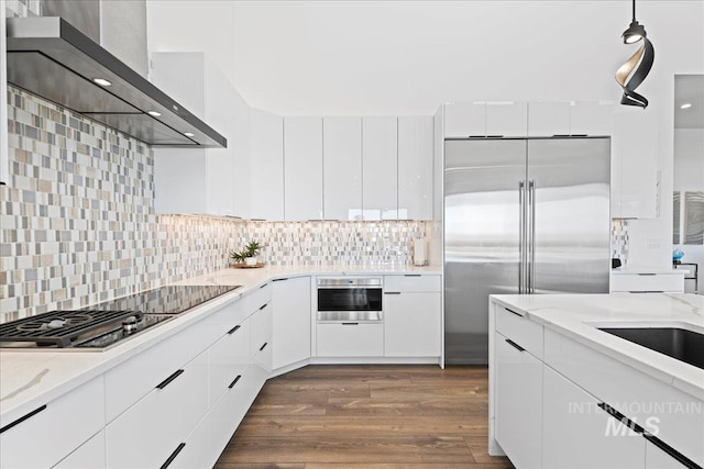 3492 E Heartleaf Dr, Boise, ID 83716 - kitchen featuring tasteful backsplash, dark wood-style floors, stainless steel appliances, white cabinets, and wall chimney range hood