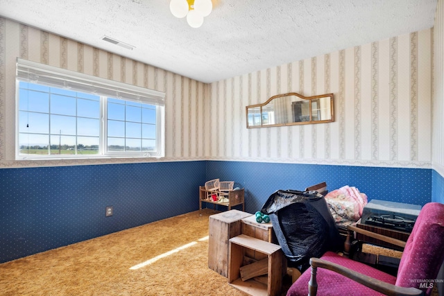 bedroom featuring carpet floors and a textured ceiling