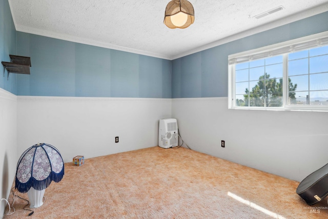 spare room featuring ornamental molding, a textured ceiling, and carpet flooring