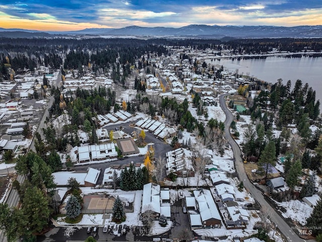 snowy aerial view featuring a water and mountain view