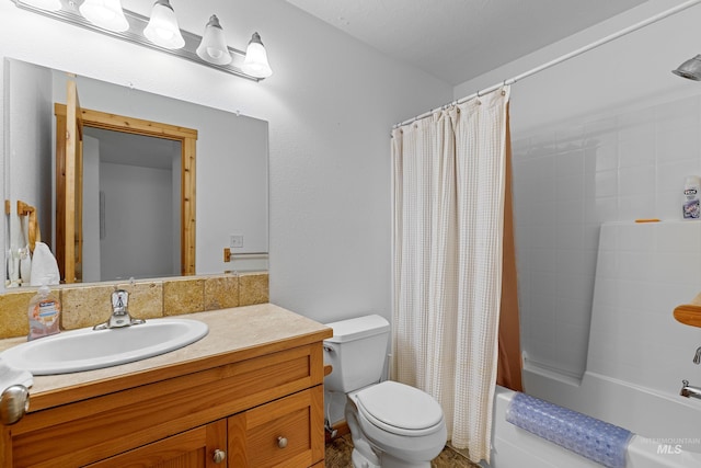 full bathroom featuring vanity, toilet, and shower / bathtub combination with curtain