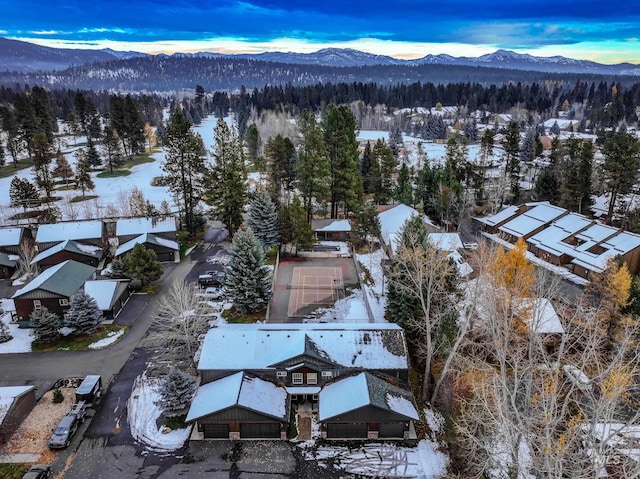 snowy aerial view with a mountain view