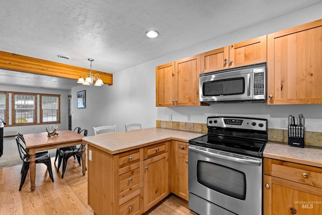 kitchen featuring kitchen peninsula, appliances with stainless steel finishes, light wood-type flooring, a chandelier, and hanging light fixtures