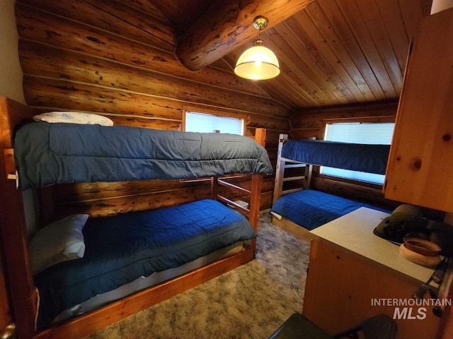 carpeted bedroom featuring wooden ceiling, log walls, and vaulted ceiling