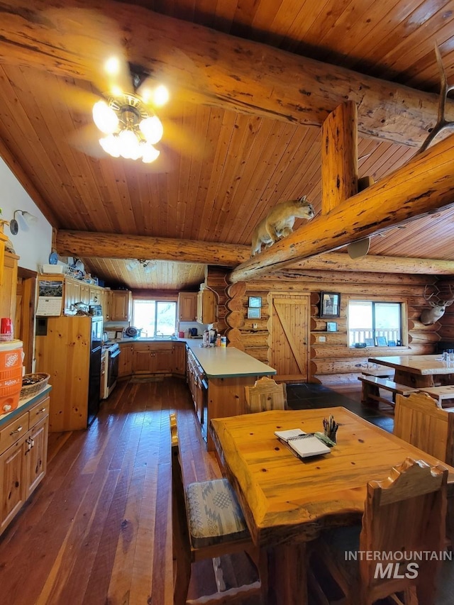 dining space with ceiling fan, log walls, wooden ceiling, lofted ceiling with beams, and dark hardwood / wood-style flooring