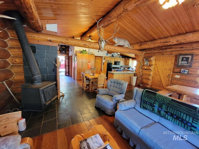 living room featuring dark hardwood / wood-style flooring, log walls, wood ceiling, and a wood stove