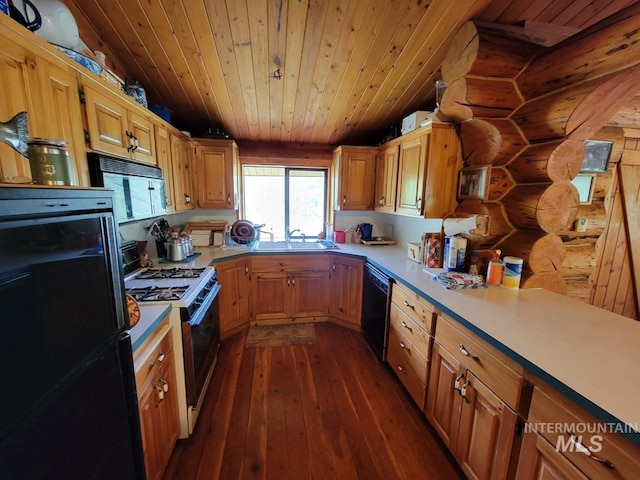 kitchen featuring rustic walls, vaulted ceiling, wooden ceiling, dark wood-type flooring, and black appliances