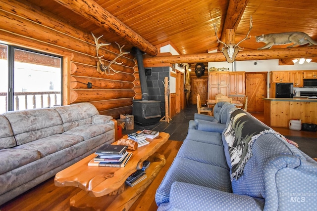 living room featuring wooden ceiling, dark hardwood / wood-style floors, log walls, and a wood stove