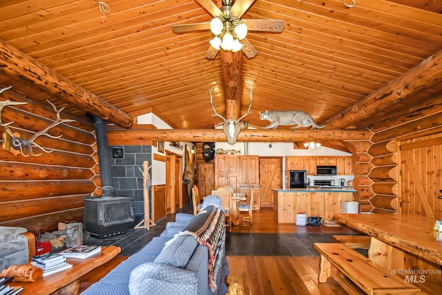 unfurnished living room featuring beam ceiling, rustic walls, wooden ceiling, a wood stove, and dark hardwood / wood-style floors