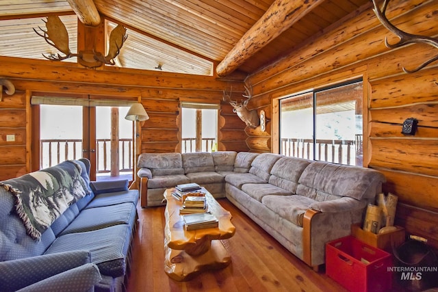 living room with lofted ceiling with beams, log walls, wood ceiling, and hardwood / wood-style flooring