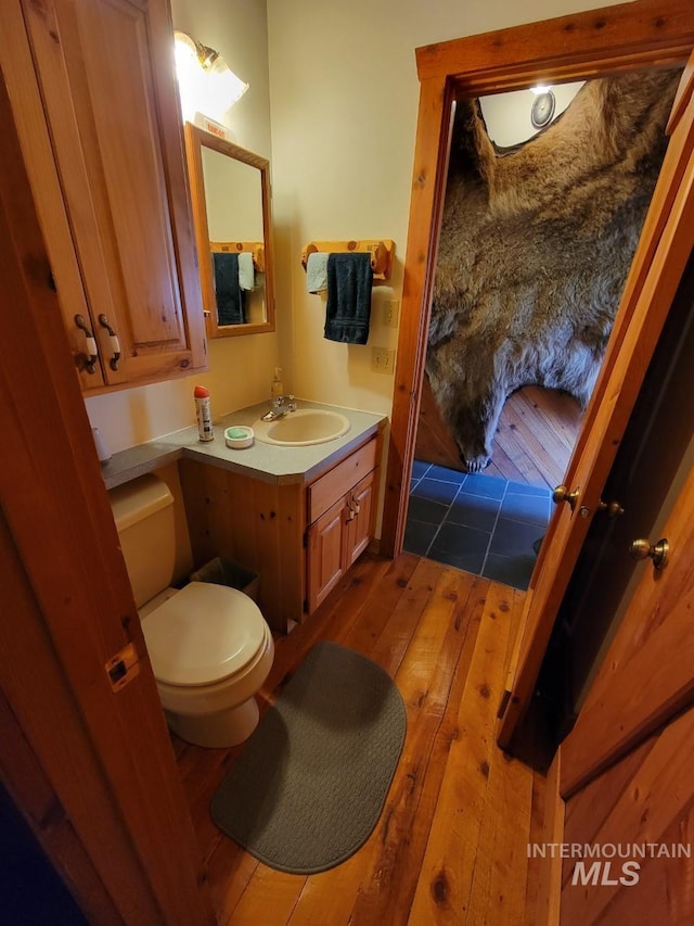 bathroom featuring toilet, wood-type flooring, and vanity