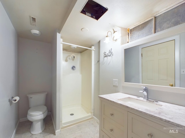 bathroom with a shower, tile patterned flooring, vanity, and toilet