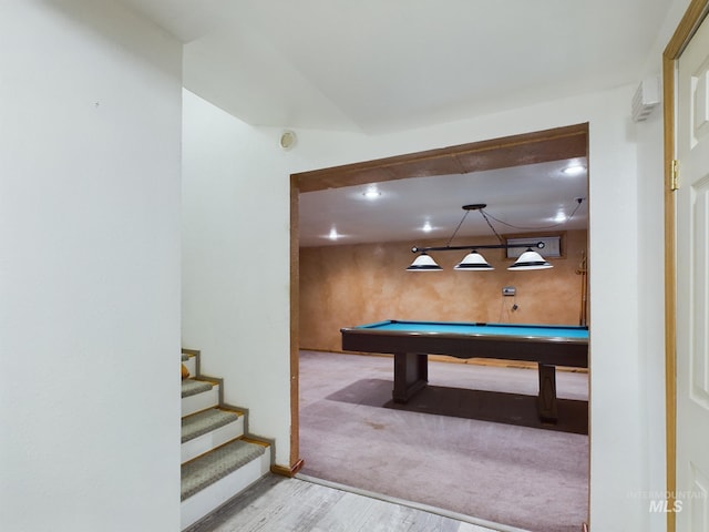 game room with hardwood / wood-style floors and billiards