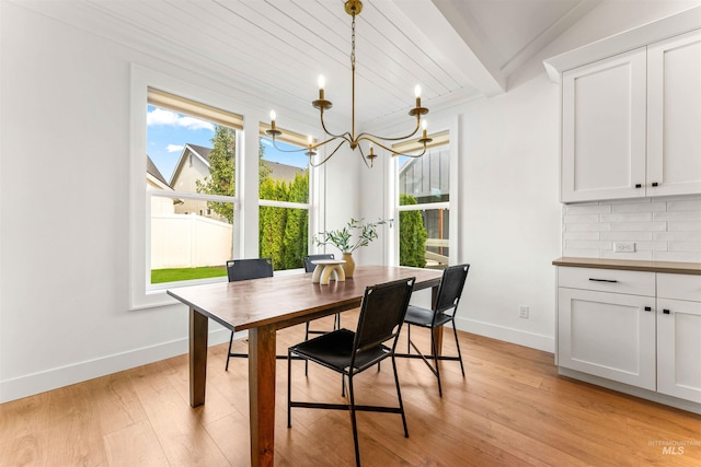 dining room featuring a notable chandelier, vaulted ceiling, light wood-type flooring, and wooden ceiling