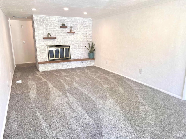 1315 W Howard, Boise, ID 83706 - unfurnished living room featuring carpet, a fireplace, baseboards, crown molding, and recessed lighting