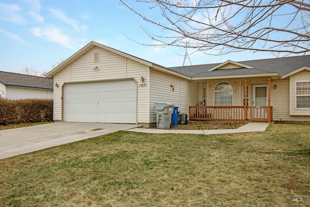 ranch-style home featuring a front yard, roof with shingles, an attached garage, covered porch, and concrete driveway