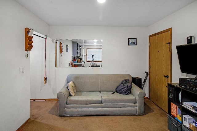 carpeted living area featuring baseboards